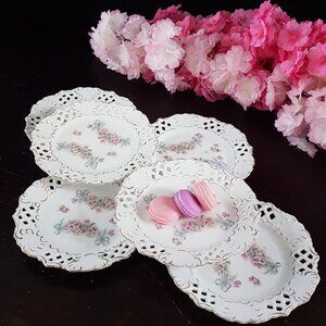 Vintage Porcelain Dessert Plates Hand-Painted Pink Floral with Blue Ribbon 6pc